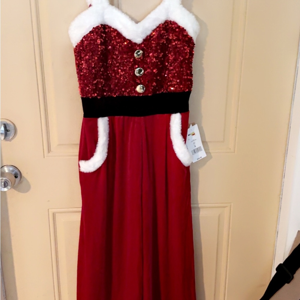 Red Sequin womans onesie santa with Faux Fur Trim as small nwt